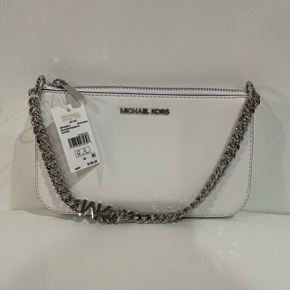 Michael Kors White Pochette with Silver Chain